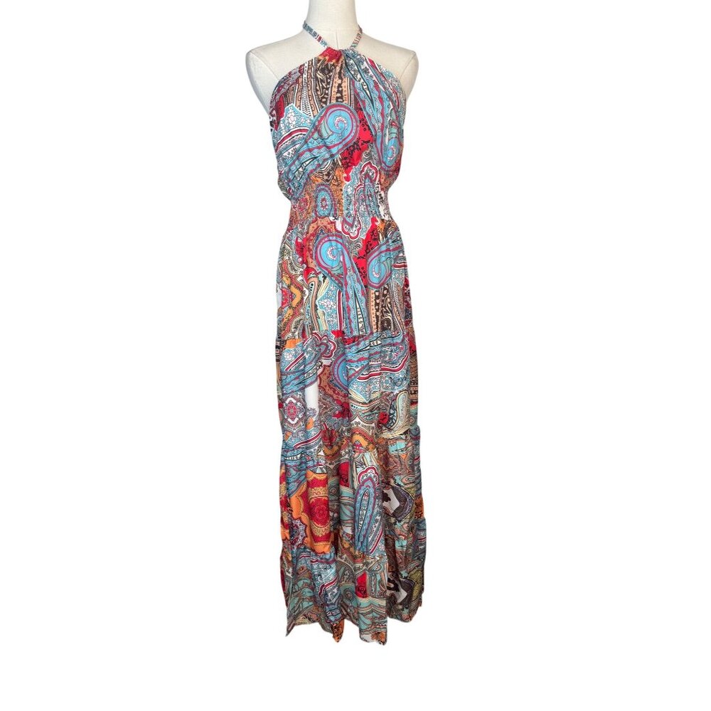 Boho Large Vintage-Inspired Halter Maxi Dress Colorful Paisley Print & Open Back